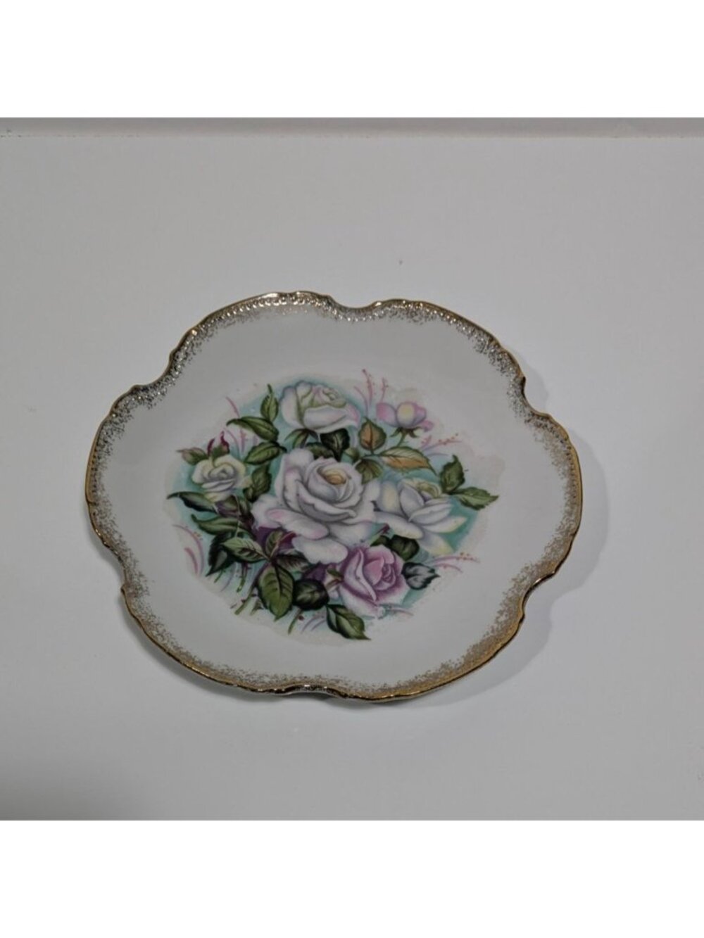 Decorative Floral Wall Plate Pink White Purple Roses Gold Trim Scalloped Edges